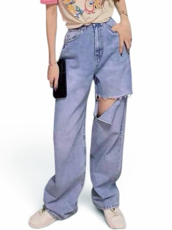 Denim - Y2K Light Wash Distressed High Rise Wide Leg Baggy Jeans Size S
